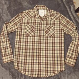 Aeropostale Mens Sz M Long Sleeve Button Shirt Blue Brown Pearl Snap